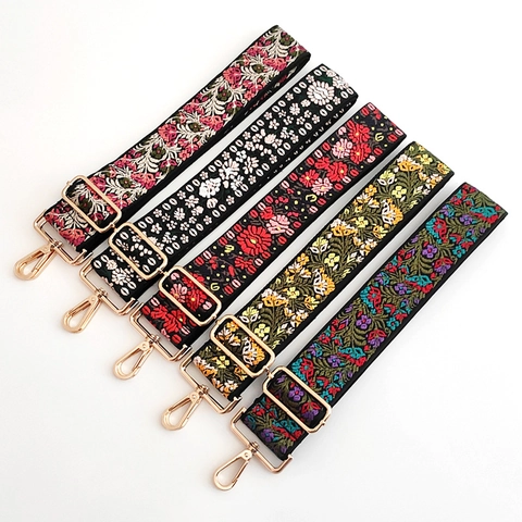 Ethnic Embroidery Wide Bag Strap Floral Replacement Adjustable Shoulder Strap Polyester Cotton Jacquard Metal Buckle