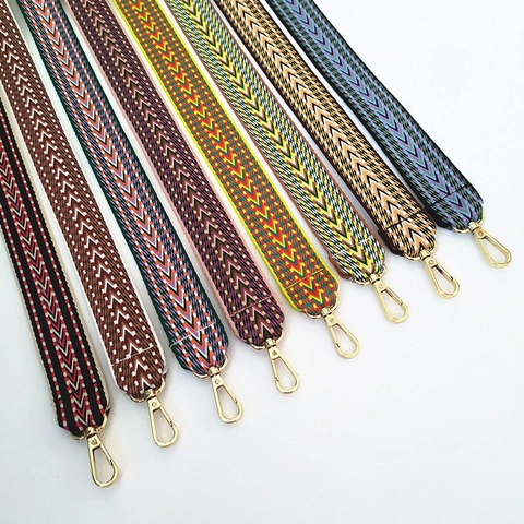 Widened Ethnic Geometric Pattern Bag Strap Replacement Shoulder Crossbody Belt With Golden Metal Clasps Bohemian Style
