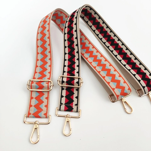 Adjustable Bag Strap Replacement Wide Canvas Shoulder Crossbody Belt Bohemian Geometric Zigzag Pattern Metal Buckle