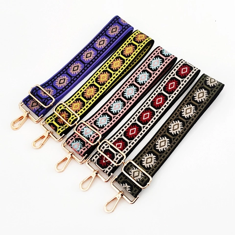 Wide Adjustable Shoulder Strap Polyester Cotton Ethnic Jacquard Camouflage Pattern Replacement For Crossbody Bags Gold Buckles
