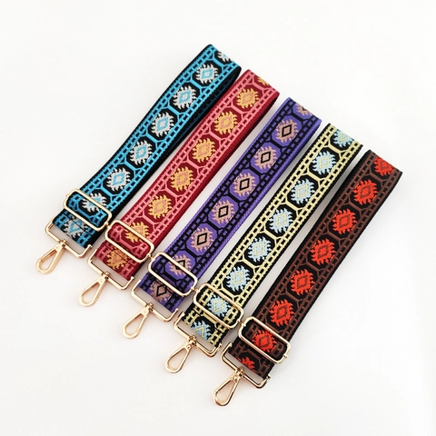 Wide Adjustable Shoulder Strap Polyester Cotton Ethnic Jacquard Camouflage Pattern Replacement For Crossbody Bags Gold Buckles