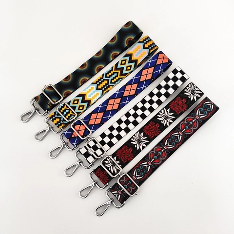 Wide Shoulder Strap Replacement For Handbags Adjustable Ethnic Bohemian Checkerboard Print Polyester Belt With Metal Buckles Crossbody Bag Accessories
