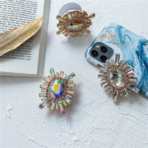 Ausziehbarer Handy-Gripsockel Legierung Barock Oval Kristall Strass Strahlendes Sonnenblumendesign Expandierender Ständer