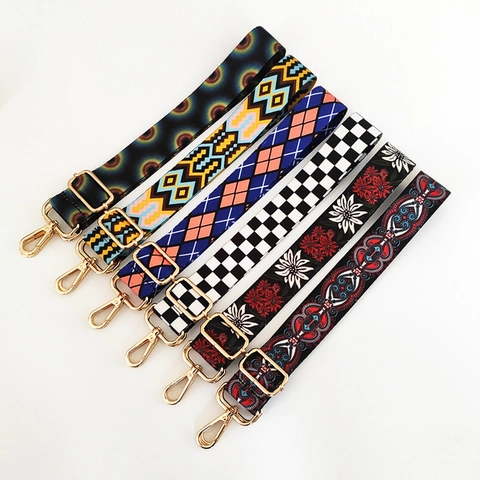 Wide Shoulder Strap Replacement For Handbags Adjustable Ethnic Bohemian Checkerboard Print Polyester Belt With Metal Buckles Crossbody Bag Accessories