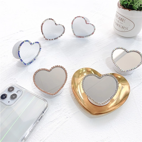 Herzförmiger Strass Spiegel Handyhalter Expandierender Griff Für Smartphone Bling Mode Accessoire