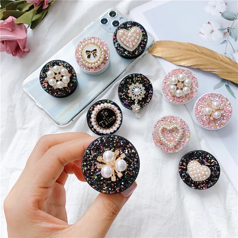 Supporto Universale Per Telefono Retrattile Pieghevole Con Decorazione Strass Künstliche Perle Glitter Cuore Fiocco
