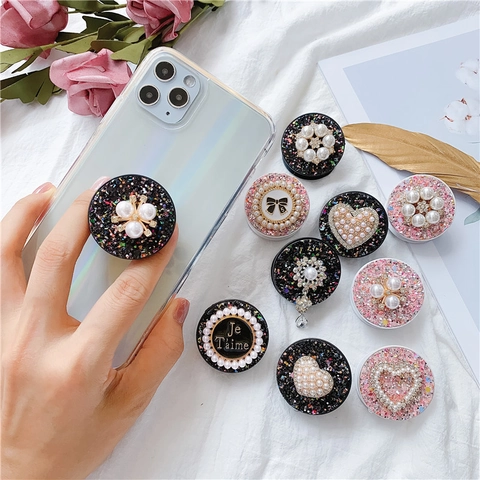 Supporto Per Telefono Glitterato Di Lusso Künstliche Perle Strass Cuore Fiocco Supporto Universale Retrattile Per Donne Ragazze