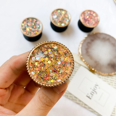 Ronde Telefoongreep Standaard Glinsterende Epoxyhars Met Gouden Kralenrand Universele Opvouwbare Houder Voor Smartphones