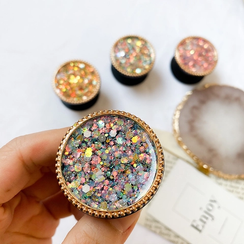 Ronde Telefoongreep Standaard Glinsterende Epoxyhars Met Gouden Kralenrand Universele Opvouwbare Houder Voor Smartphones