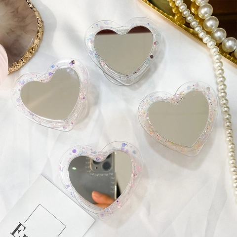 Herzförmiger Handyhalter Griptok Mit Make-up Spiegel Glitzer Pailletten Acryl Faltbarer Ausziehbarer Ständer Für Handy Ästhetisch Ins Stil