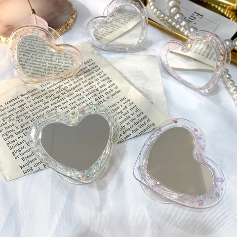 Herzförmiger Handyhalter Griptok Mit Make-up Spiegel Glitzer Pailletten Acryl Faltbarer Ausziehbarer Ständer Für Handy Ästhetisch Ins Stil