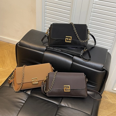 Crossbody Shoulder Bag PU Leather Golden Metal Chain Geometric Buckle Flap Square Casual Fashion For Women Versatile