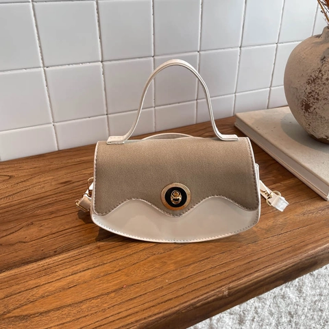 Vintage PU Leder Wildleder Patchwork Schulter Umhängetasche Mit Goldener Schließe Elegante Handtasche Für Damen