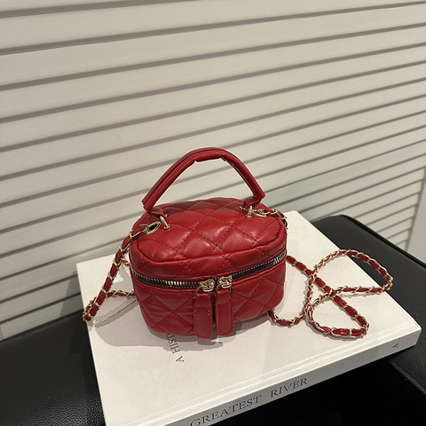 Quilted PU Leather Mini Vanity Bucket Bag With Metal Chain Strap Top Handle Double Zipper Daily Crossbody Handbag For Women