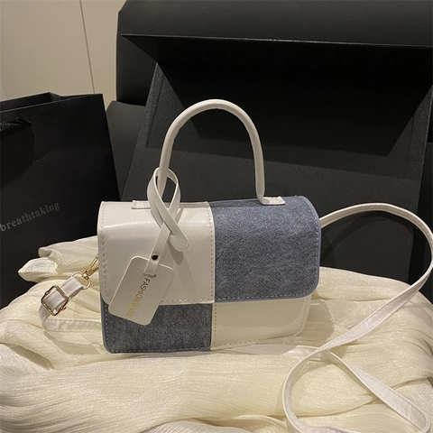 Bolso Bandolera Para Mujer De Cuero PU Y Mezclilla Patchwork Bolso Cuadrado Con Solapa De Color En Contrasτε Accesorio De Moda