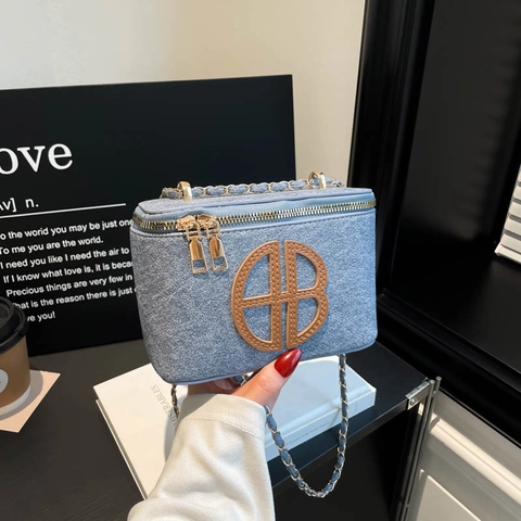 Bolso Bandolera Caja Vintage Tela Textura Denim Doble Cremallera Correa Cadena Bolso De Hombro Cuadrado Mujer Moda