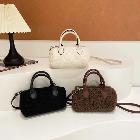 Borsa Boston A Cilindro In Finta Lana D'agnello Borsa A Mano In Peluche Teddy Fleece Per Donna Autunno Inverno Tracolla Minimalista