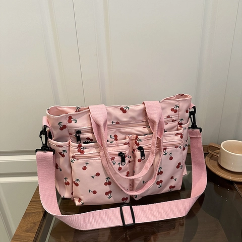Sac À Épaule Imprimé Cerises Grande Capacité Multi Poches Nylon Toile Sac Bandoulière Fourre-Tout Main Décontracté Femmes