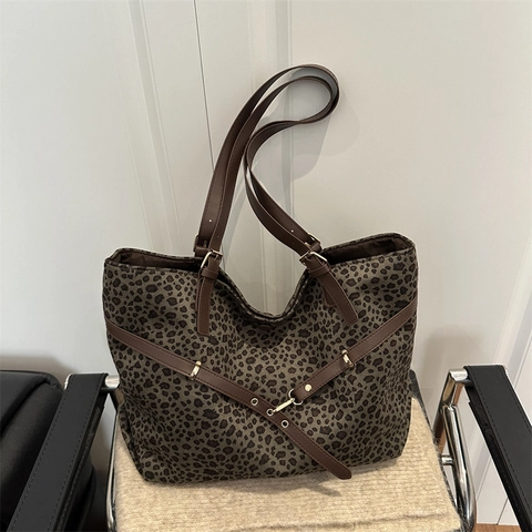 Borsa Tote Con Stampa Leopardata Tela Grande Capacità Pendolarismo Retro Moda Spalla Sottobraccio Donna Vintage Versatile
