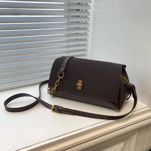 Vintage Damen Schultertasche Aus PU Leder Retro Elegante Umhängetasche Mit Goldkette Und Metallschloss