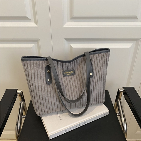 Bolso Tote De Pana Retro Bolso De Mano De Gran Capacidad Textura A Rayas Bolso De Hombro Para Mujer Vintage Simple Oficina Diario