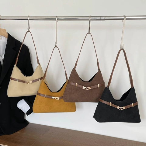Bolso Tote de Gamuza Vintage de Gran Capacidad Retro Bolso de Hombro para Mujer Moda Conmutación Con Detalle de Pespunte