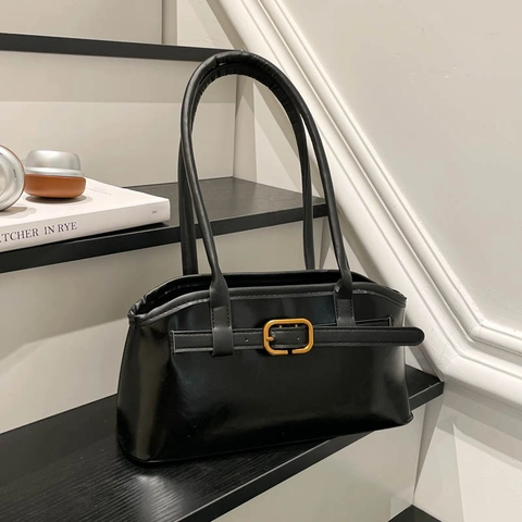 Vintage Dames Oksel Schoudertas PU Leer Glanzend Metalen Gesp Decoratie Minimalistisch Retro Baguette Tas