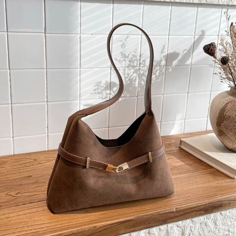 Retro Wildleder Schultertasche Damen Große Kapazität Einfache Pendler Hobo Handtasche Mit Metallschnalle