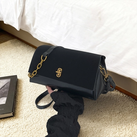 Vintage Women PU Leather Crossbody Bag Gold Metal Lock Chain Strap Commuting Shoulder Bag Square Flap Handbag