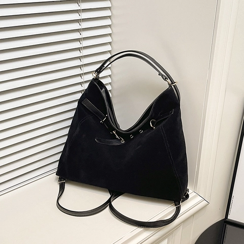 Vintage Suede Large Capacity Hobo Bag For Women Minimalist Tote Shoulder Bag With Grommet Buckle Strap Casual Commuting Bag