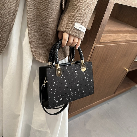 Women Star Print Synthetic Leather Handbag With Braided Handle Gold Hardware Small Square Shoulder Crossbody Bag