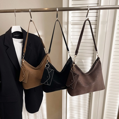 Women Vintage PU Leather Tote Bag Large Capacity Shoulder Bag With Mini Purse Charm Solid Color Casual Fashion Commuting Handbag