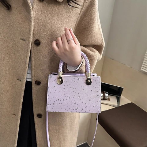 Borsa A Tracolla Da Donna In Pelle PU Con Motivo A Stelle E Manico Intrecciato Dettagli Dorati Borsa A Mano Quadrata Chic