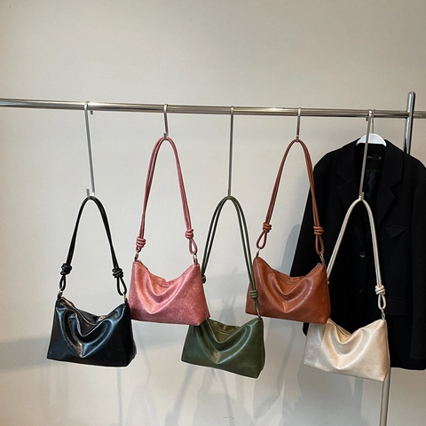 Women Large Capacity Shoulder Bag PU Leather Vintage Hobo Tote With Knotted Strap And Patterned Wide Webbing Strap