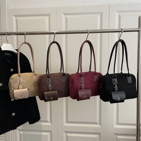Women Suede Like Texture Shoulder Bag With Detachable Mini Pouch Retro Simple Large Capacity Underarm Handbag