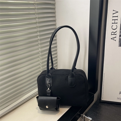 Women Suede Like Texture Shoulder Bag With Detachable Mini Pouch Retro Simple Large Capacity Underarm Handbag