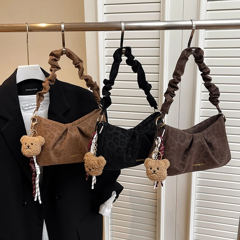 Leopard Print Underarm Bag Ruched Shoulder Strap Vintage Faux Suede Dumpling Purse With Plush Bear Charm For Women