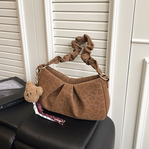 Leopard Print Underarm Bag Ruched Shoulder Strap Vintage Faux Suede Dumpling Purse With Plush Bear Charm For Women