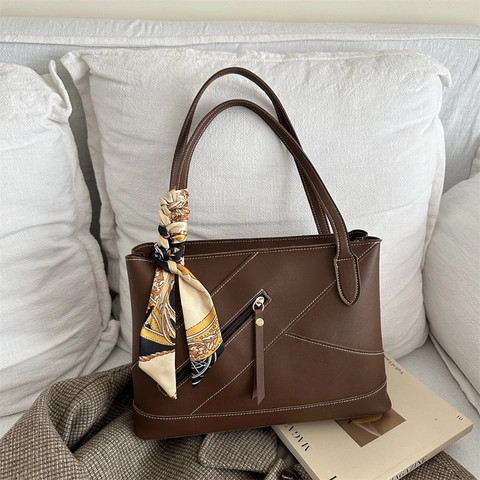 Borsa Tote Da Donna Grande Capacità Pelle PU Cuciture A Contrasto Manico Con Sciarpa Cerniera Nappa Borsa A Spalla