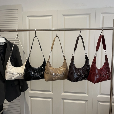 Women Fashion Shiny Underarm Bag Retro Hobo Shoulder Bag With Belt Buckle Minimalist Synthetic Leather Handbag Daily Purse
