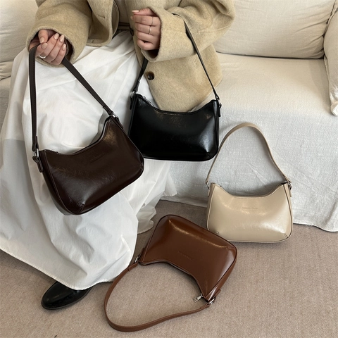 Vintage Damen Unterarmtasche Aus Glänzendem PU Leder Einfarbige Hobo Schultertasche Mit Reißverschluss Modische Alltagshandtasche