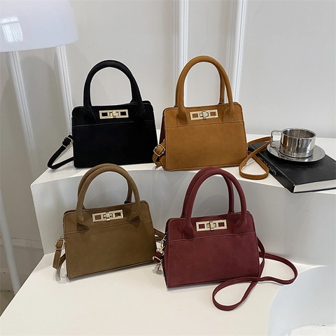 Borsa a Mano da Donna Vintage con Consistenza Scamosciata Borsa a Tracolla Minimalista Smerigliata con Manico Superiore Chiusura in Metallo Dorato Piccola Borsa a Spalla
