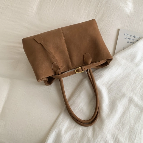 Retro Frosted PU Leather Tote Bag Large Capacity Minimalist Shoulder Handbag With Magnet Buckle For Women