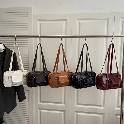 Minimalist Vintage Glossy PU Leather Small Square Shoulder Bag For Women Contrast White Stitching Fashion Underarm Bag Casual Chic