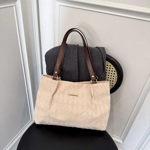Gesteppte Lattice Tote Tasche Große Kapazität Stoff Schulter Handtasche Mit Braunen Trägern Minimalistischer Stil Für Damen
