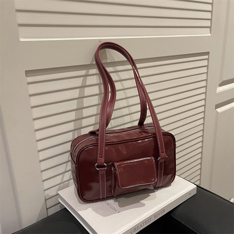 Damen Baguette Achseltasche Glänzendes PU Leder Weiße Kontrastnaht Vordere Klappentasche Vintage Lässig Vielseitig
