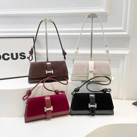 Vintage Baguette Underarm Bag Women Retro PU Leather Suede Stitching Metal Buckle Knotted Strap Minimalist French Style