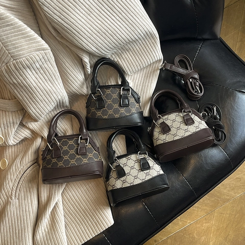 Vintage Monogramm Mini Muschel Handtasche PU Leder Nähte Umhängetasche Für Damen Retro Handgehaltene Top Griff Tasche