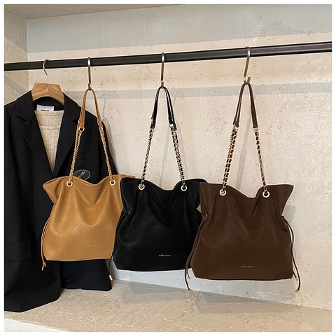 Damen Eimer Tasche Große Kapazität PU Leder Goldkette Schultergurt Kordelzug Mode Pendler Tote Bag