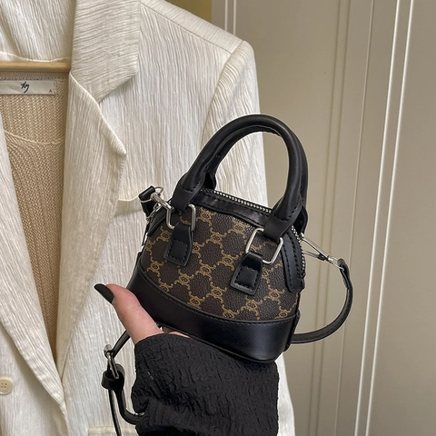 Mini Borsa Boston Vintage Stampa Monogramma Pelle PU E Tela Borsa A Spalla Tracolla Retro Elegante Donne